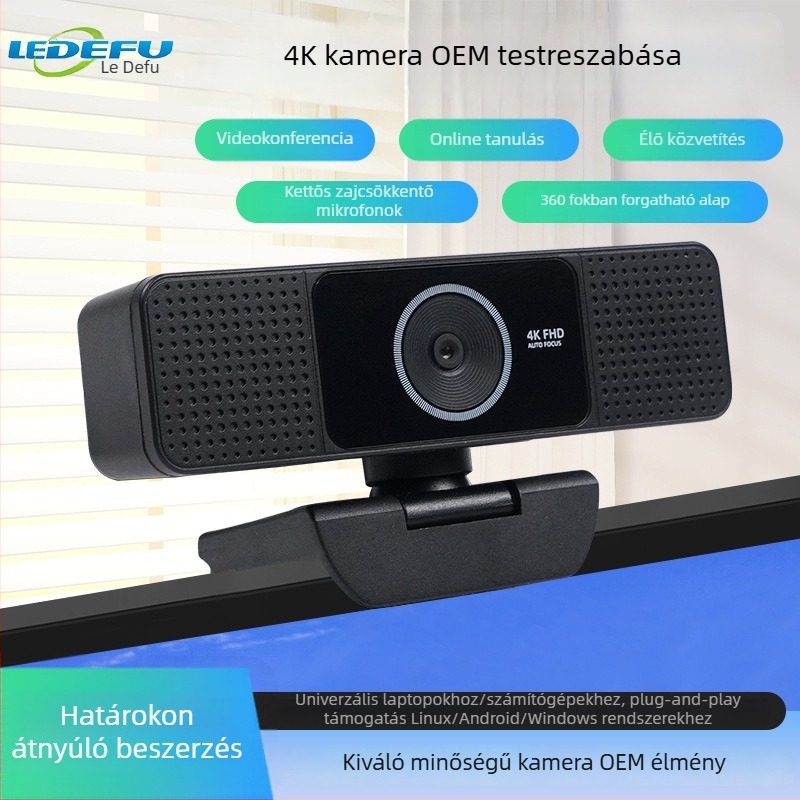 USB számítógépes kamera beépített mikrofonnal, automatikus fókusz, 4K 3840x2160, 30fps, drivert nem igényel, plug-and-play, OEM testreszabás