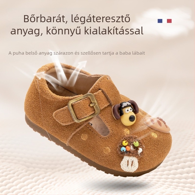 Birkenstock-stílusú puha talpú gyerekcipő 1–3 éveseknek, bőr felsőrész, állatos mintával, uniszex