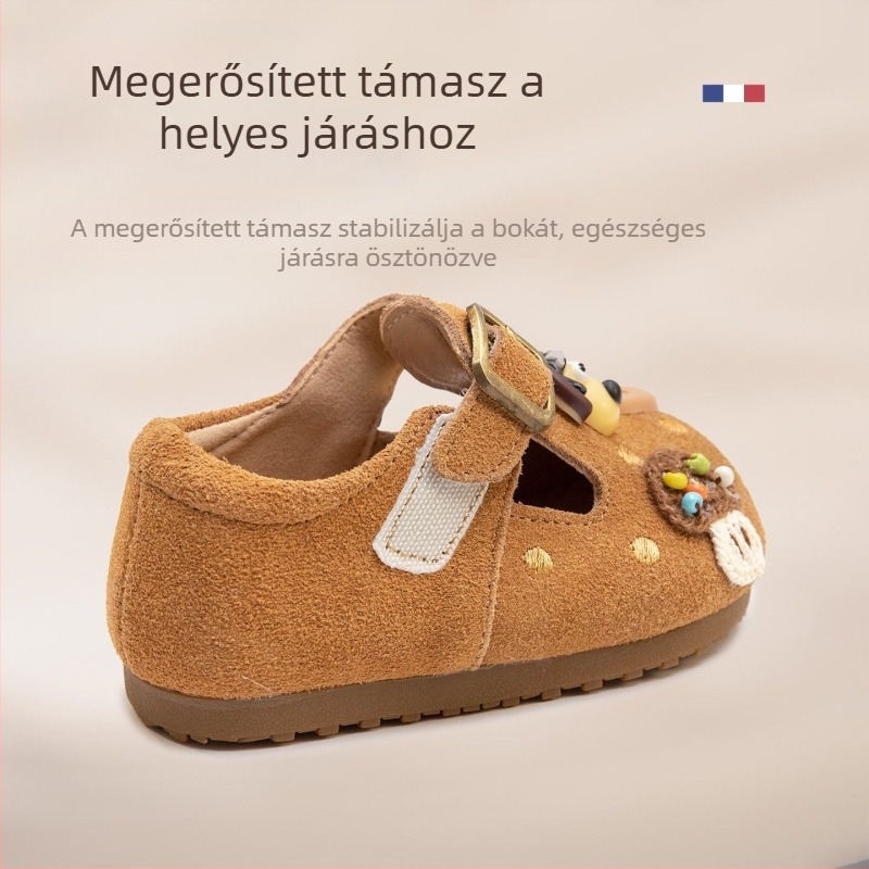 Birkenstock-stílusú puha talpú gyerekcipő 1–3 éveseknek, bőr felsőrész, állatos mintával, uniszex