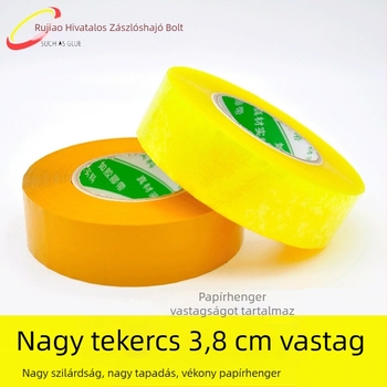 Nagy tekercs átlátszó csomagoló ragasztószalag, széles, bézs színű, magas tapadással, háztartási csomagoláshoz.