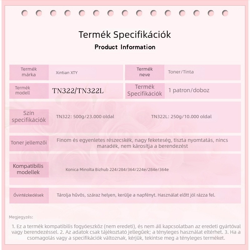 TN322 tonerkazetta kompatibil Konica Minolta 364e, 224e és 284e