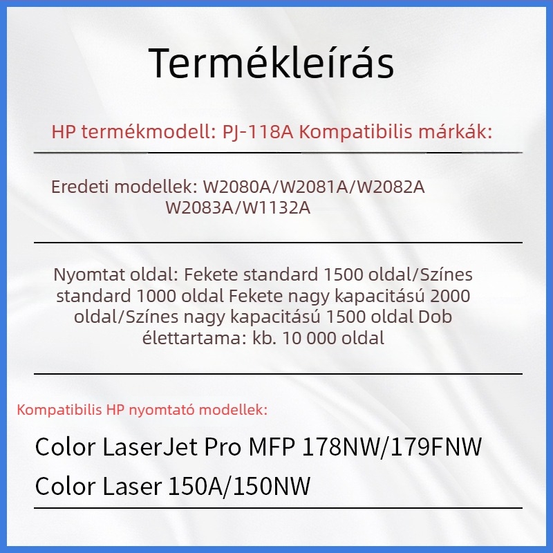 HP 118A fekete tonerkazetta; W2080A–W2083A dobegység; Kompatibilis HP Color LaserJet 178nw/179fnw
