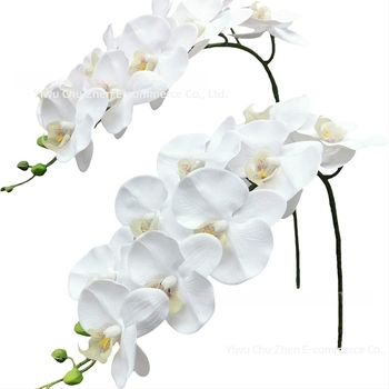 Fehér Phalaenopsis orchidea, művirág szatén anyagból, egyágú kompozíció, otthoni dekorációhoz, esküvőkhöz és fotózáshoz