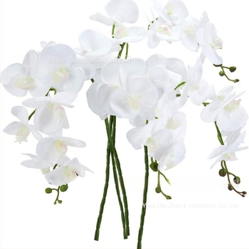 Fehér Phalaenopsis orchidea, művirág szatén anyagból, egyágú kompozíció, otthoni dekorációhoz, esküvőkhöz és fotózáshoz