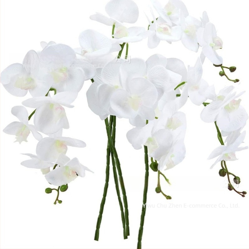 Fehér Phalaenopsis orchidea, művirág szatén anyagból, egyágú kompozíció, otthoni dekorációhoz, esküvőkhöz és fotózáshoz
