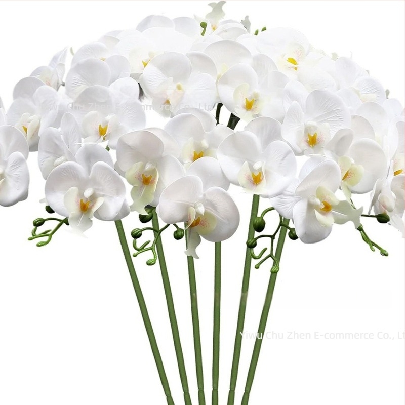 Fehér Phalaenopsis orchidea, művirág szatén anyagból, egyágú kompozíció, otthoni dekorációhoz, esküvőkhöz és fotózáshoz