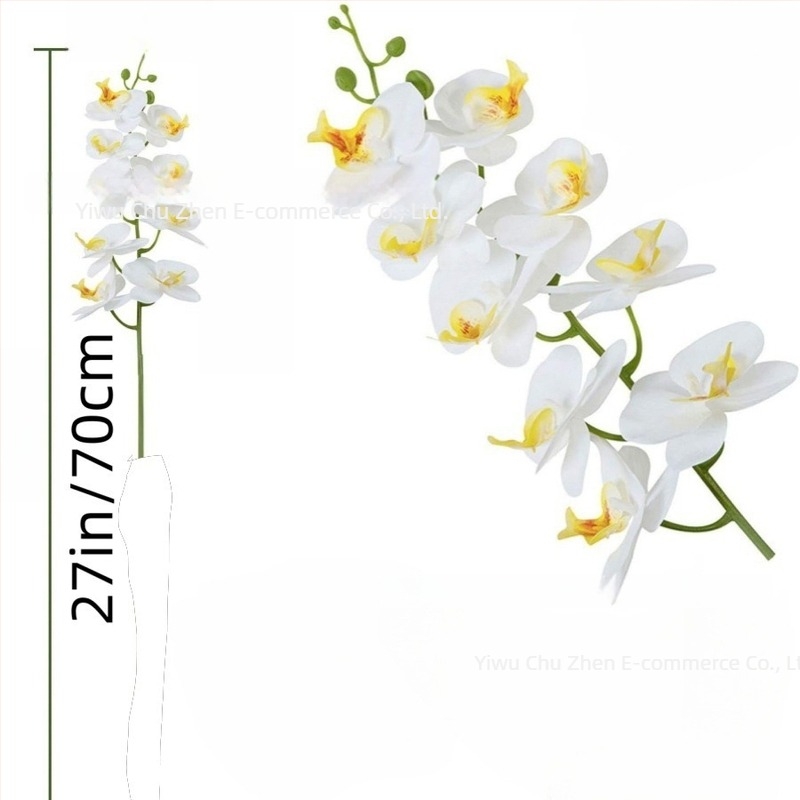 Fehér Phalaenopsis orchidea, művirág szatén anyagból, egyágú kompozíció, otthoni dekorációhoz, esküvőkhöz és fotózáshoz