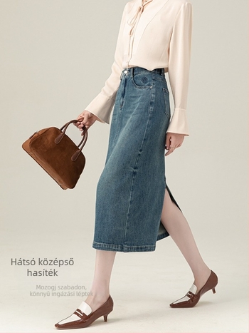 Női Lyocell-denim midi szoknya hátsó hasítékkal, magas derékkal, vintage testhez álló, egyenes szabású
