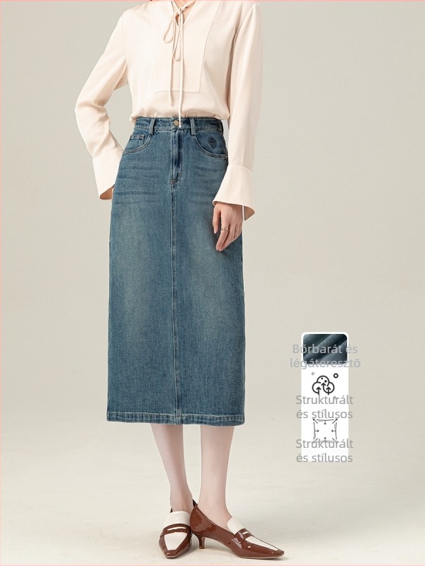 Női Lyocell-denim midi szoknya hátsó hasítékkal, magas derékkal, vintage testhez álló, egyenes szabású