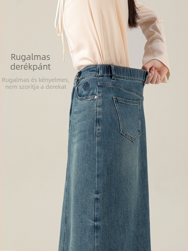 Női Lyocell-denim midi szoknya hátsó hasítékkal, magas derékkal, vintage testhez álló, egyenes szabású