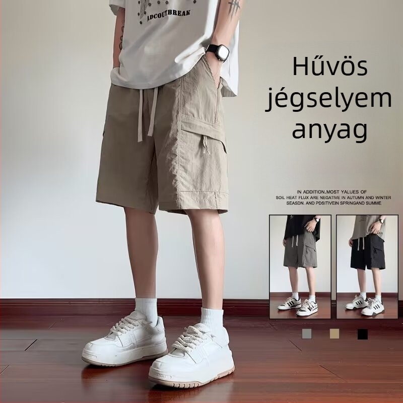 Japán stílusú férfi munkás rövidnadrág, nyár, laza szabás, vékony anyag, cargo capri hossz