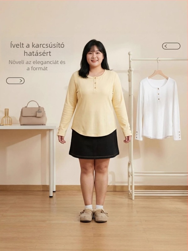 2026 tavasz, plusz méretű női felső, lazább japán-koreai stílus, hosszú ujjú, egyszínű Derong anyag, ívelt szegély
