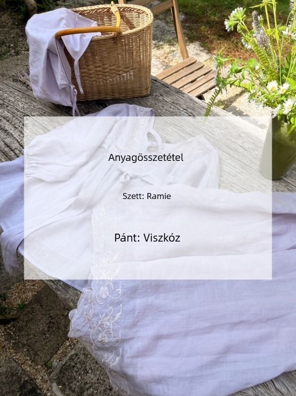Guofeng stílusú női háromrészes szett: ramie anyagú hímzett felső, szoknya és vállpántos felső