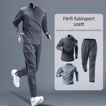 Férfi őszi–téli gyorsan száradó futó szett hosszú ujjú felsővel és nadrággal kültéri edzésekhez.