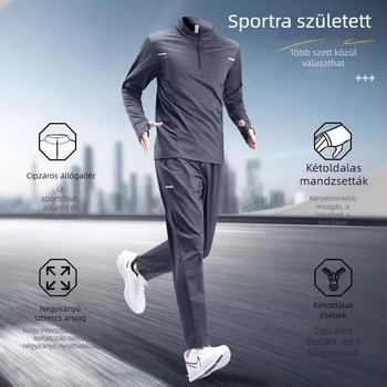 Férfi őszi–téli gyorsan száradó futó szett hosszú ujjú felsővel és nadrággal kültéri edzésekhez.