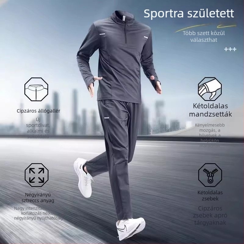 Férfi őszi–téli gyorsan száradó futó szett hosszú ujjú felsővel és nadrággal kültéri edzésekhez.