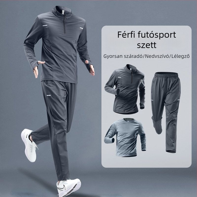 Férfi őszi–téli gyorsan száradó futó szett hosszú ujjú felsővel és nadrággal kültéri edzésekhez.