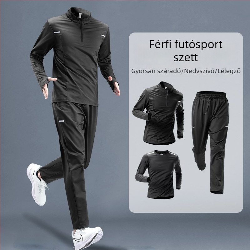 Férfi őszi–téli gyorsan száradó futó szett hosszú ujjú felsővel és nadrággal kültéri edzésekhez.