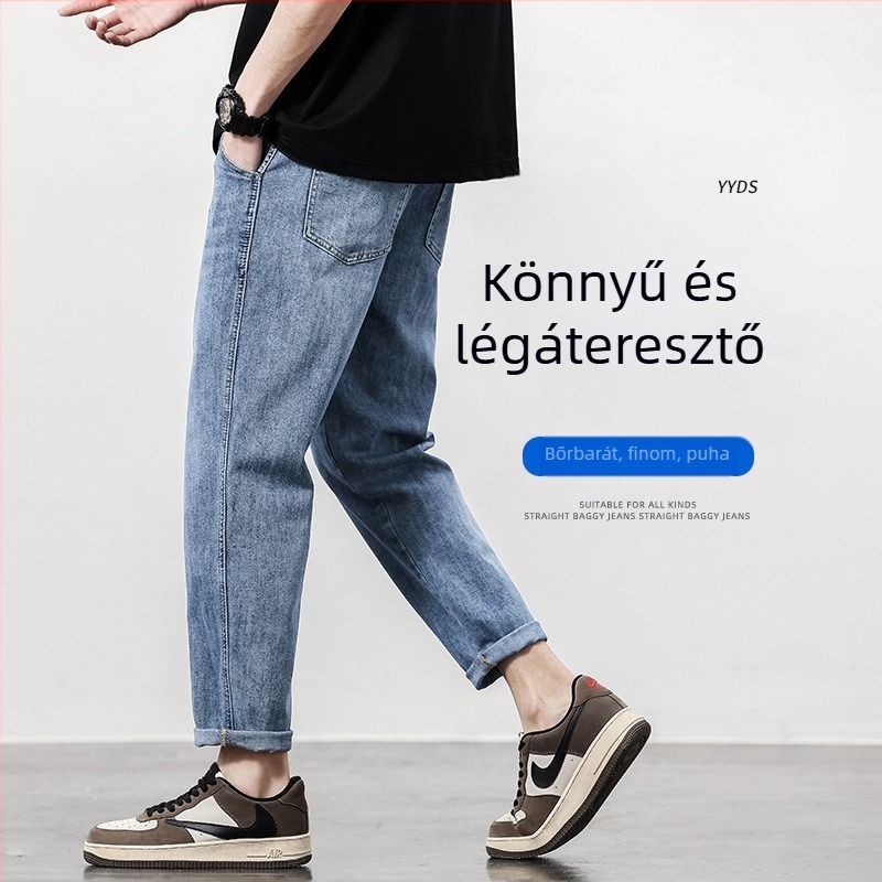 Férfi denim harém farmer, lazán, egyenes szabás, cropped hossz, tavaszi-őszi viselethez