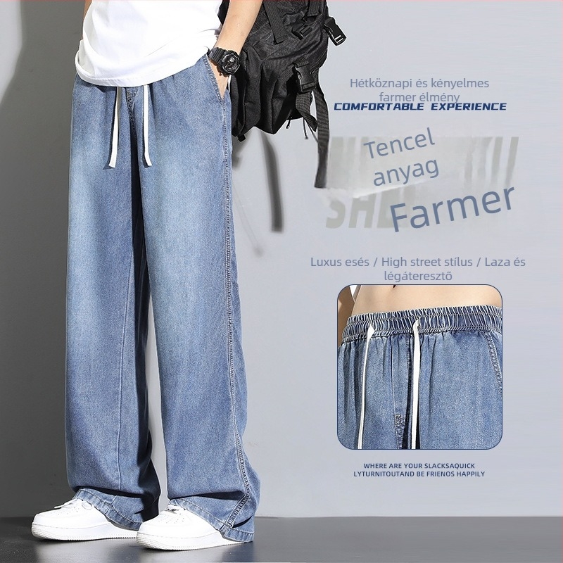 Férfi Lyocell-denim nadrág - nyári légies, vintage stílus, laza szabás, széles szár, egyenes fazon, elasztikus