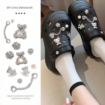 Crocs-stílusú szandál lánccal és gyémánt medve díszítésekkel, luxus leválasztható cipővirág készlet és csatok dekorációk