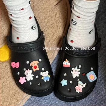 Crocs-stílusú papucsok felső részének DIY dekorációs készlet: motívum alvó csillag és kiskutya, virág alakú csatok és kiegészítők