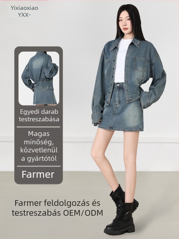 Derékon szűkítő fazonú hosszú ujjú farmer felső és denim szoknya szett