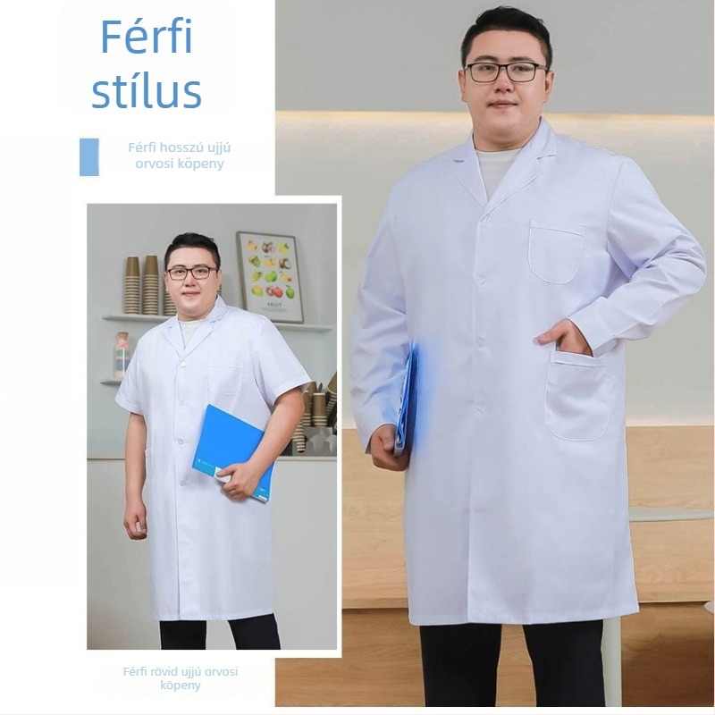 Uniszex fehér orvosi köpeny XXL méret, hosszú ujjú, laza szabás, pamut-poliészter anyag