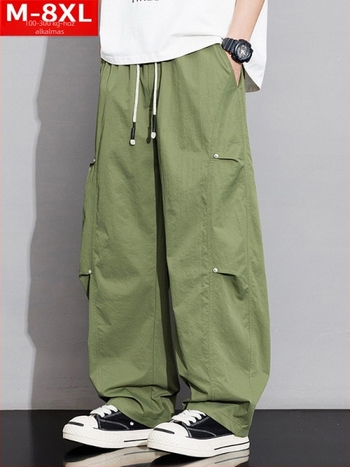 Férfi patchwork cargo nadrág, széles szabás, egyenes szár, plusz méret, tavasz–ősz, kényelmes casual viselet
