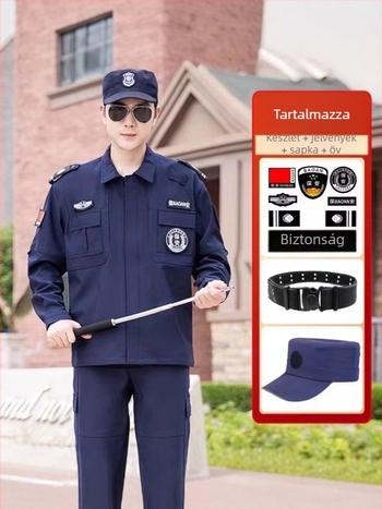 Tengerészkék biztonsági munkaruha szett, uniszex, hosszú ujjú, nadrággal, gyorsan száradó poliészter, nedvességelvezető anyag, tavasz–ősz és őszi–téli viseletre.