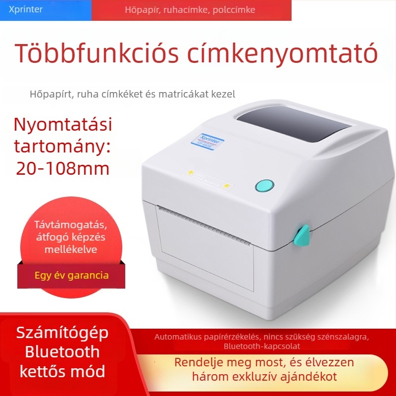 XP-460b termikus címke nyomtató vonalkódhoz, USB/Bluetooth, termoszalag papír, címke szélesség legfeljebb 108 mm