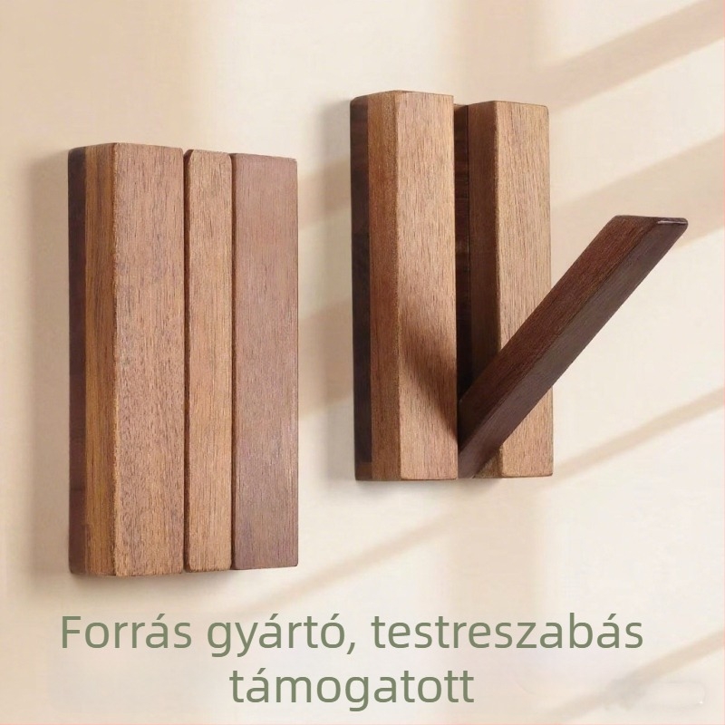 Falra szerelhető fa tároló akasztókkal – akácfából, fúrás nélkül
