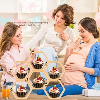 Fából készült méhsejt mintájú muffin-állvány, hexagonális kiállító polc, parasztház stílusú, falra szerelhető, 3 szintű desszert rendező