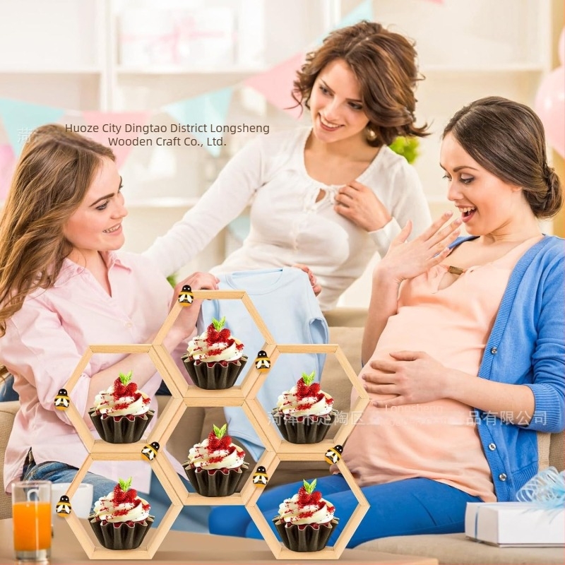 Fából készült méhsejt mintájú muffin-állvány, hexagonális kiállító polc, parasztház stílusú, falra szerelhető, 3 szintű desszert rendező