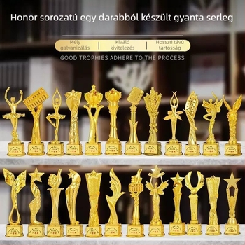 Aranyozott műgyanta trófea gyermektáncokra és iskolai zenei versenyre, arany mikrofon-istennő motívummal
