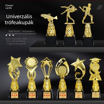 Műanyag kis trófea, arany finish, figurális díj, aranyfóliás logónyomtatás