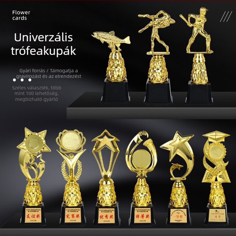 Műanyag kis trófea, arany finish, figurális díj, aranyfóliás logónyomtatás