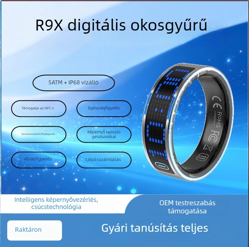 Okosgyűrű szívritmus- és egészségfigyeléssel, Bluetooth-kapcsolat, távirányító és többfunkciós kijelző