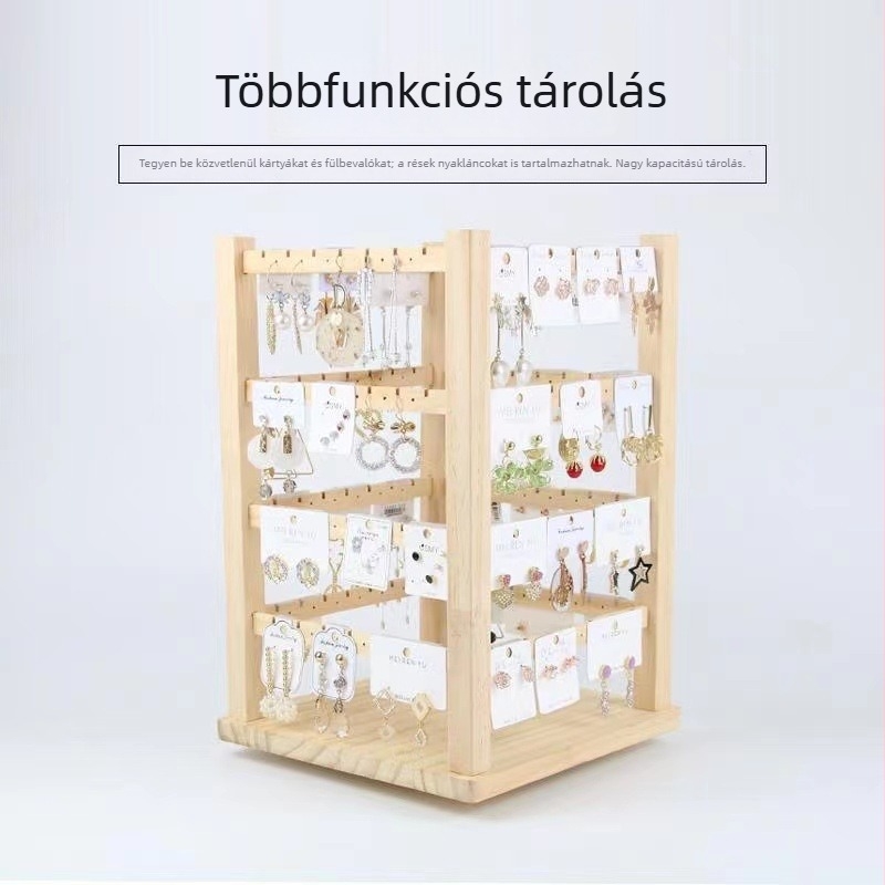 Tömörfa négy szintes forgó ékszertartó állvány fülbevalók és nyakláncok számára – ékszer display