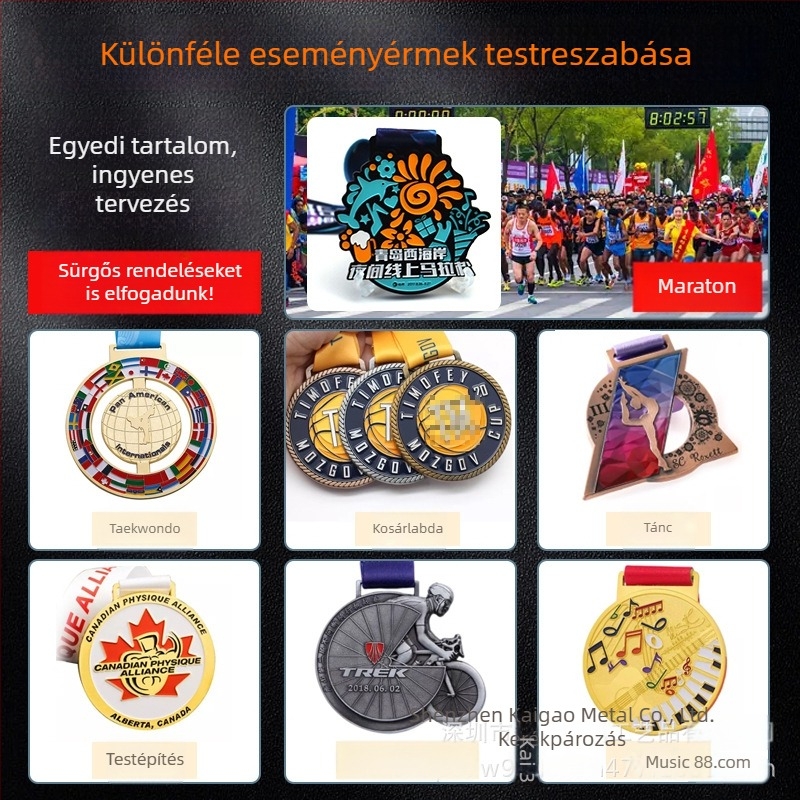 Fémmedálok sporteseményekre: arany, ezüst és bronz medálok; maratoni és futóverseny medalok; testreszabható