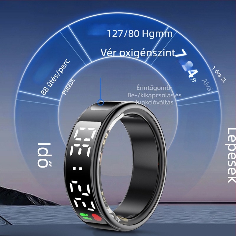 Bluetooth intelligens gyűrű kijelzővel az egészség és sport nyomon követéséhez, alvásfigyelés, távirányítás, pulzus és vér oxigénszint mérésével