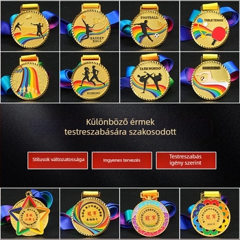 Raktáron sportesemények érmei: kör alakú fémből készített érmek maratonra és futballra, testreszabható iskolai érmek