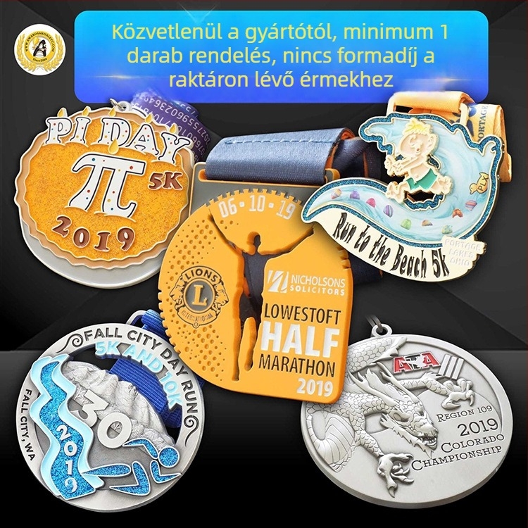 Személyre szabott fém érmek futáshoz, maratonokhoz, kosárlabdához, futballhoz és tánchoz; személyre szabott jelvények és érmek