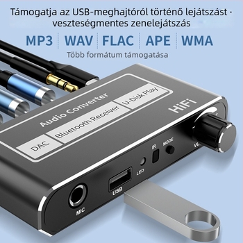 Bluetooth vevő és hangszóró-erősítő távirányítóval, kábelről vezeték nélküli hangátvitel, USB‑flash meghajtó és mikrofon támogatásával