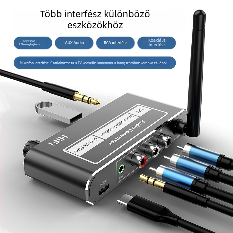Bluetooth vevő és hangszóró-erősítő távirányítóval, kábelről vezeték nélküli hangátvitel, USB‑flash meghajtó és mikrofon támogatásával