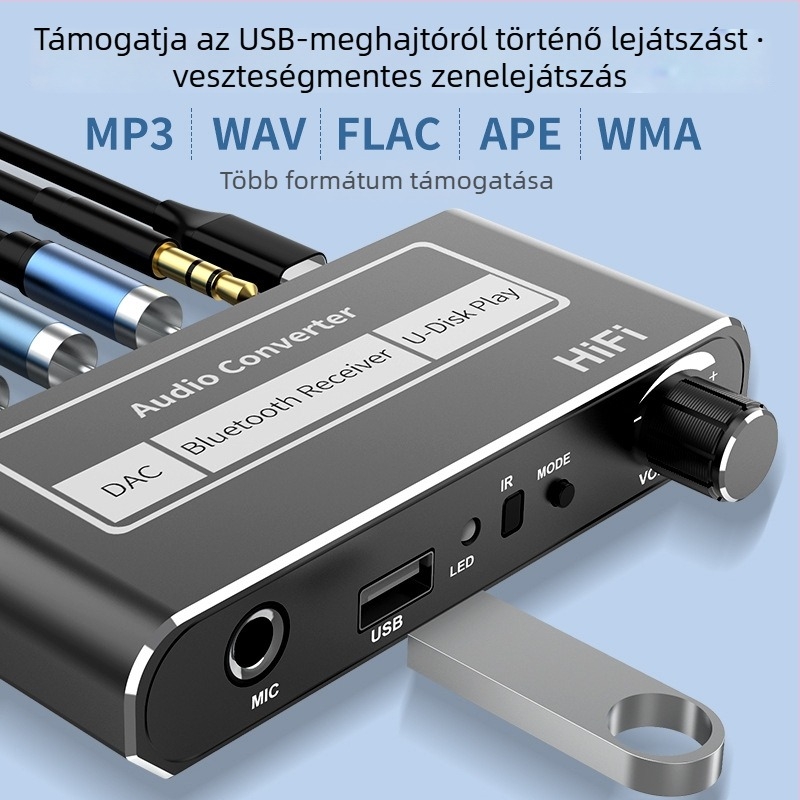 Bluetooth vevő és hangszóró-erősítő távirányítóval, kábelről vezeték nélküli hangátvitel, USB‑flash meghajtó és mikrofon támogatásával
