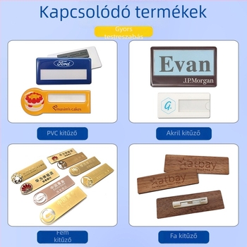 Epoxigyanta bevonatú, vízálló kitűző, rögzítés tűvel vagy mágnessel, műanyag hátlap, akril névtábla, személyre szabható, cserélhető munkaazonosító