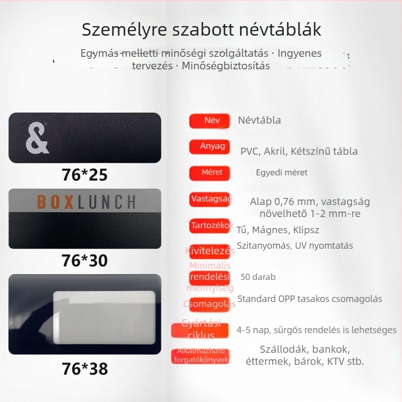 Epoxigyanta bevonatú, vízálló kitűző, rögzítés tűvel vagy mágnessel, műanyag hátlap, akril névtábla, személyre szabható, cserélhető munkaazonosító