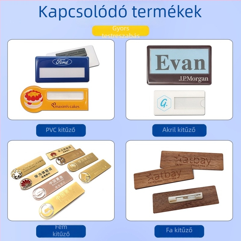 Epoxigyanta bevonatú, vízálló kitűző, rögzítés tűvel vagy mágnessel, műanyag hátlap, akril névtábla, személyre szabható, cserélhető munkaazonosító