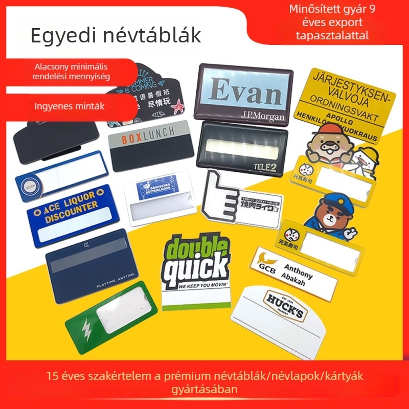 Epoxigyanta bevonatú, vízálló kitűző, rögzítés tűvel vagy mágnessel, műanyag hátlap, akril névtábla, személyre szabható, cserélhető munkaazonosító